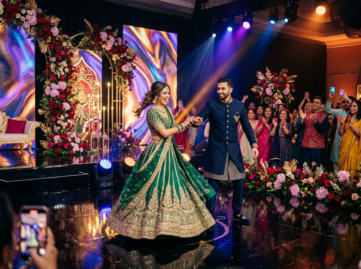 Couple performing a choreographed dance on a luxury Sangeet stage with vibrant lighting