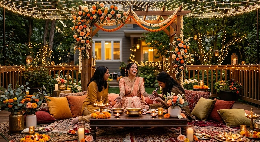 Backyard Mehndi evening lighting with warm string lights intimate floral styling and home wedding decor