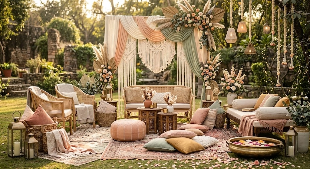 Boho Mehndi lounge with rugs cane chairs low seating and soft colorful styling