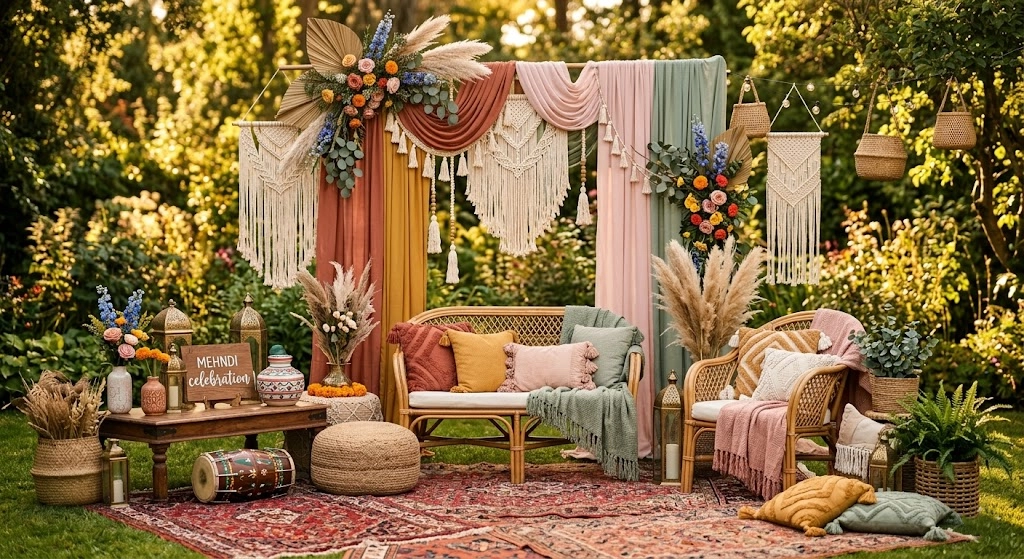 Boho Mehndi photo corner with woven decor tassels rugs and artistic pre wedding styling