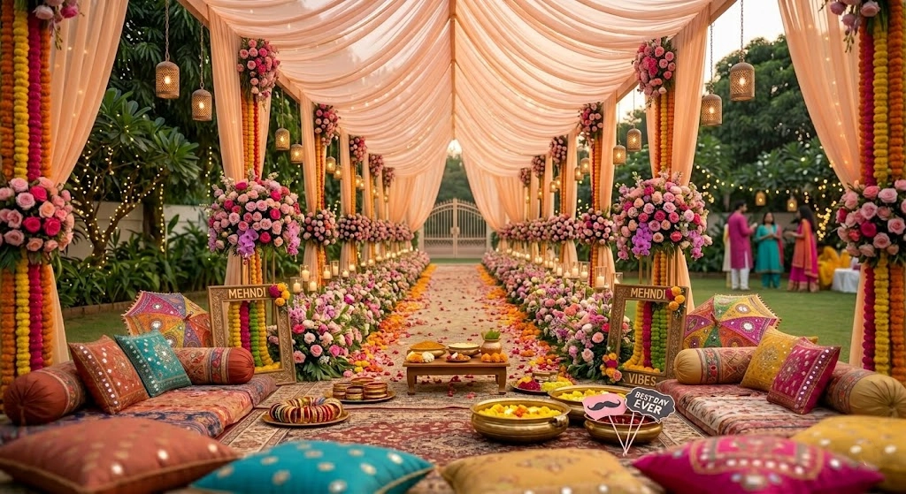 Bridal entry floral walkway with elegant lighting and wedding ceremony decor styling