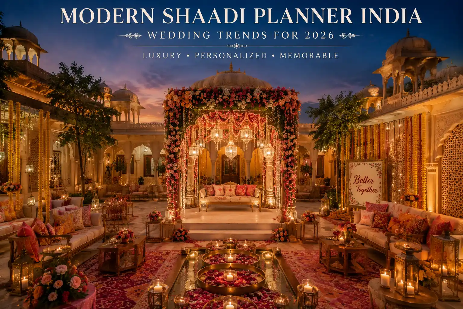 Luxury cinematic Indian wedding experience with elegant decor personalized styling and destination wedding atmosphere