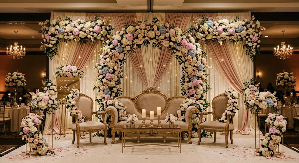 Engagement floral stage with elegant backdrop couple seating and romantic celebration decor