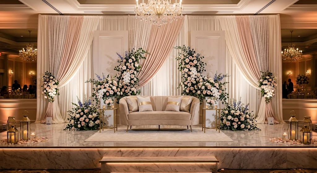 Floral stage backdrop wall with elegant flowers romantic lighting and celebration decor styling