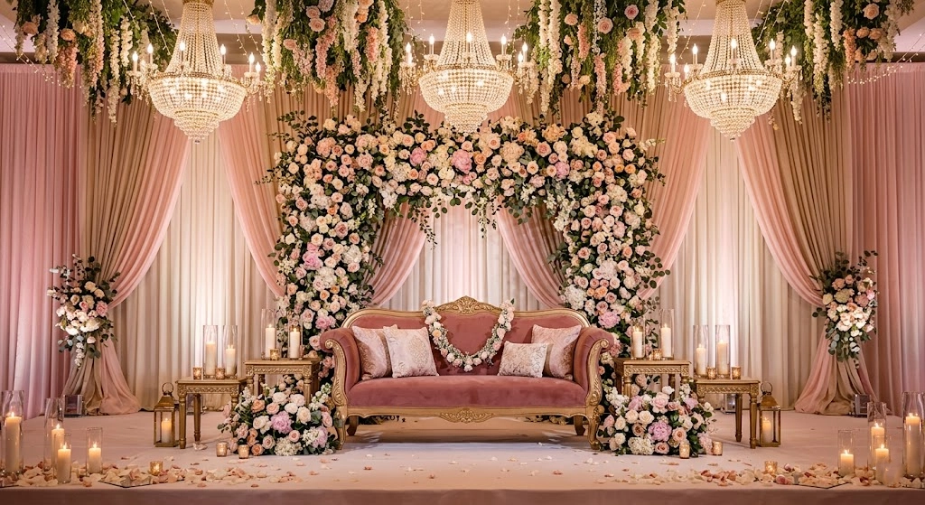 Romantic stage soft lighting with floral styling and elegant celebration decor composition