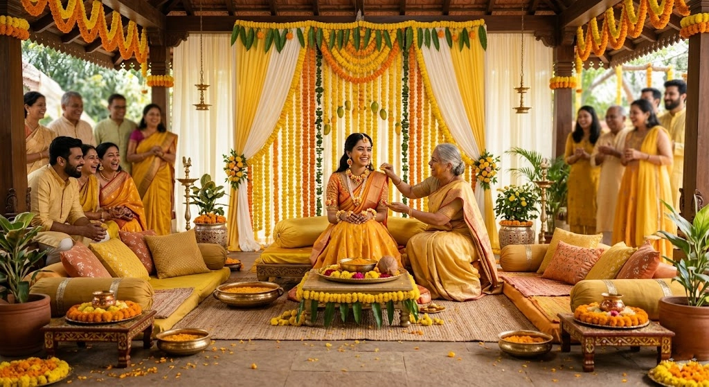 Haldi couple seating with floral backdrop yellow decor and comfortable ritual setup