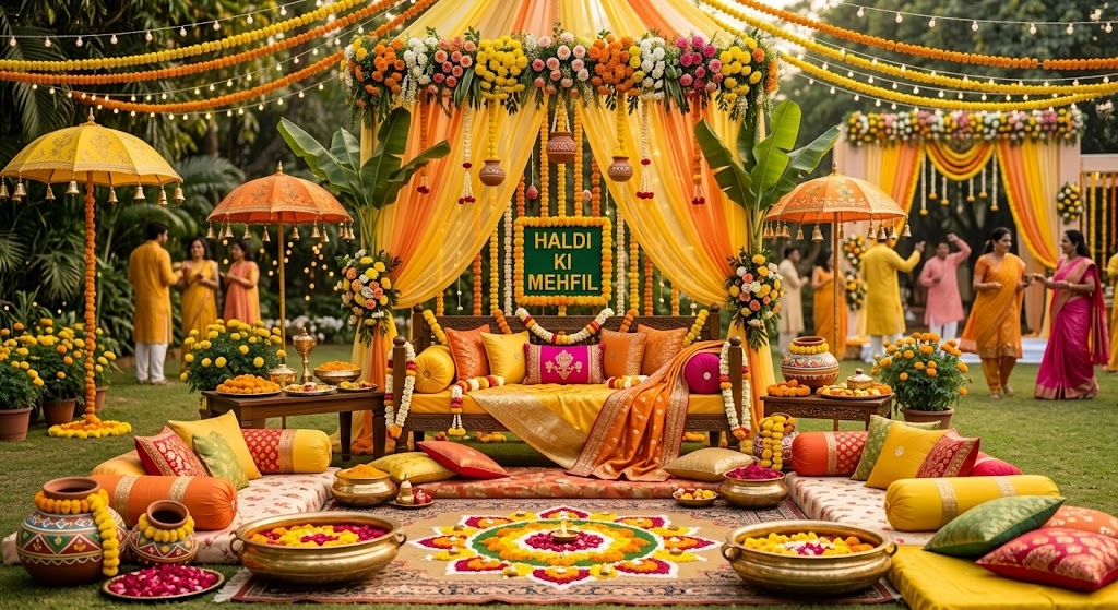 Haldi floral seating setup with marigolds yellow drapes and bright daytime wedding decor