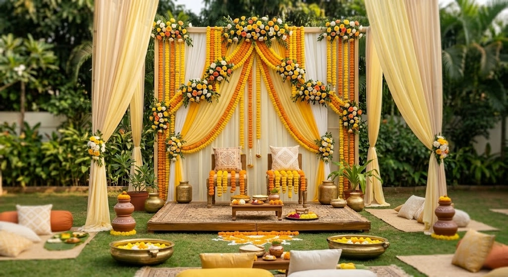 Haldi marigold backdrop wall with bright yellow florals and festive ceremony decor styling