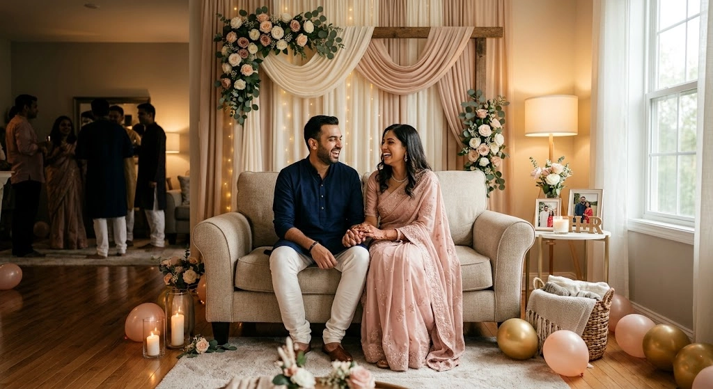 Home engagement backdrop corner with compact floral styling and intimate family event decor