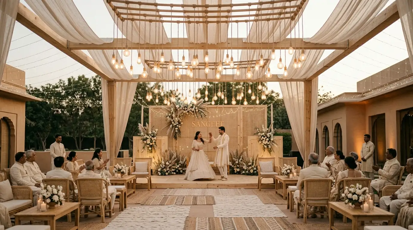 Minimal style Sangeet decor with warm neutral tones