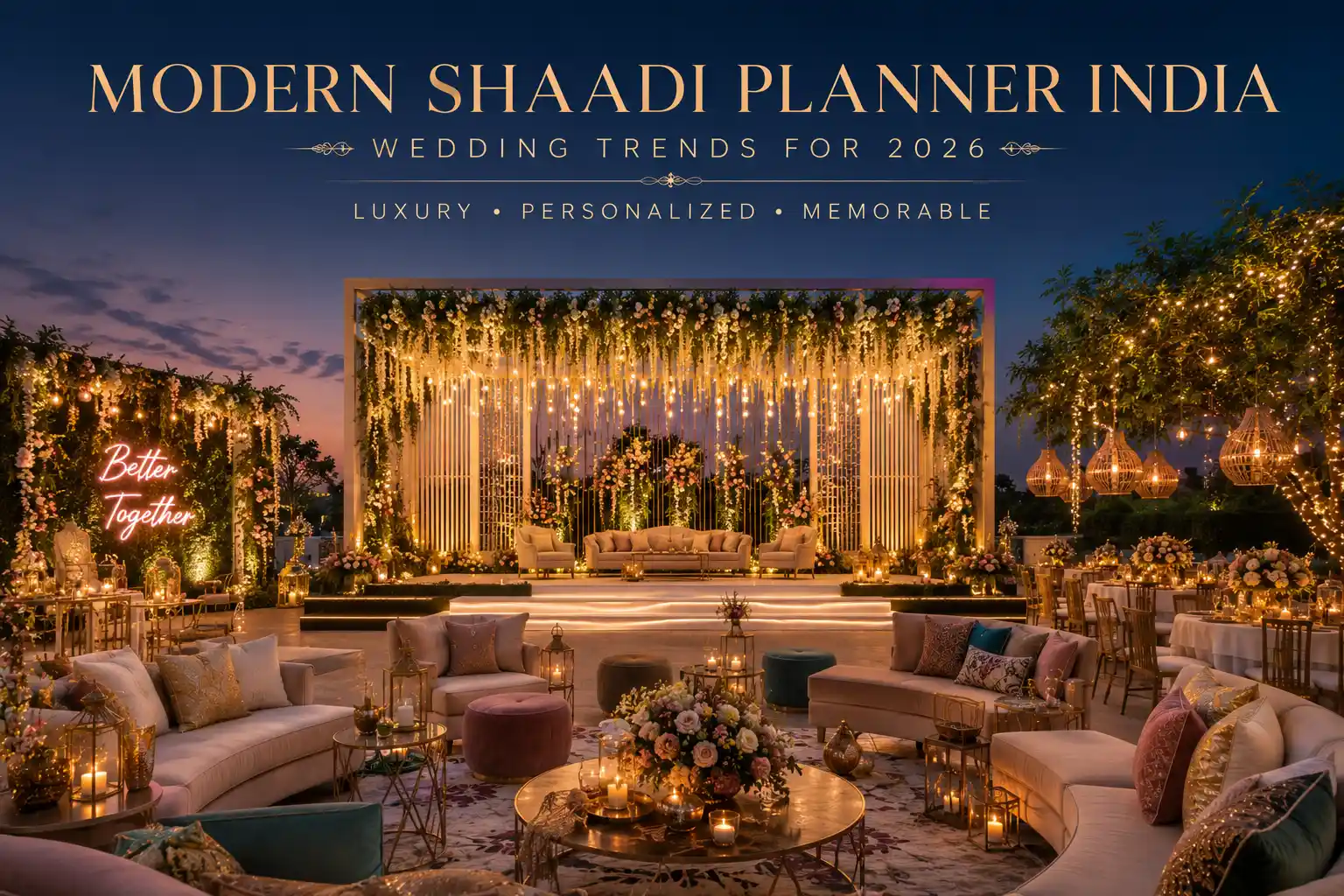 Luxury destination wedding in India with elegant decor cinematic atmosphere and personalized wedding experience