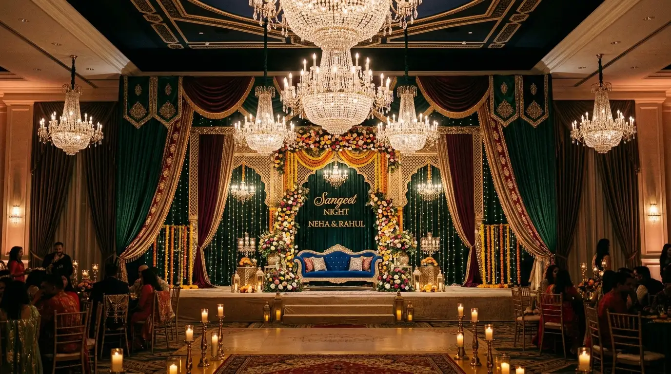 Fancy style Sangeet decor with chandelier and luxury stage styling