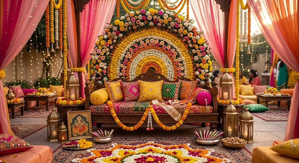 Mehndi bride seating corner with floral backdrop elegant cushions and lounge decor styling