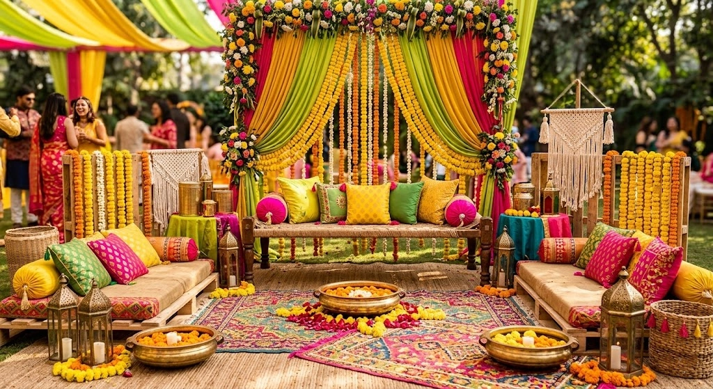 Floral Mehndi lounge seating setup with marigolds cushions and low seating
