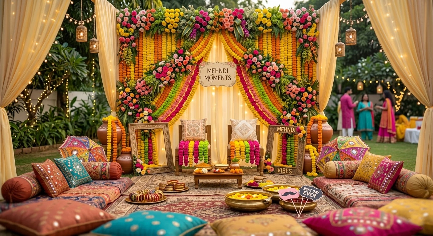 Mehndi floral photo corner with colorful cushions backdrop and interactive wedding decor styling