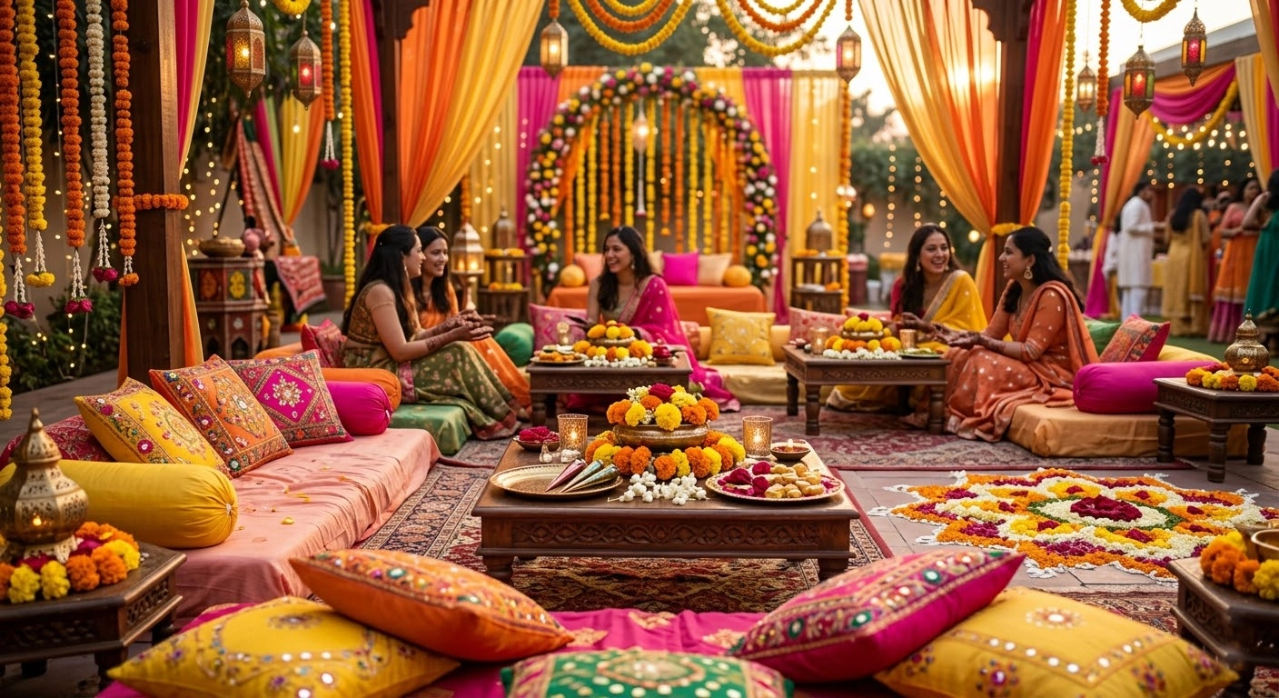 Mehndi low seating lounge with colorful cushions floral accents and elegant pre wedding decor