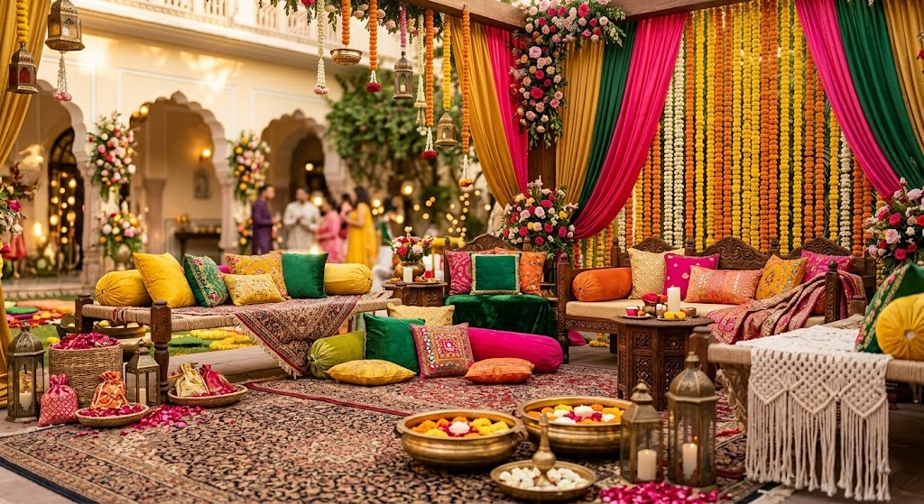 Luxury Mehndi seating styling with colorful cushions floral details and low lounge setup