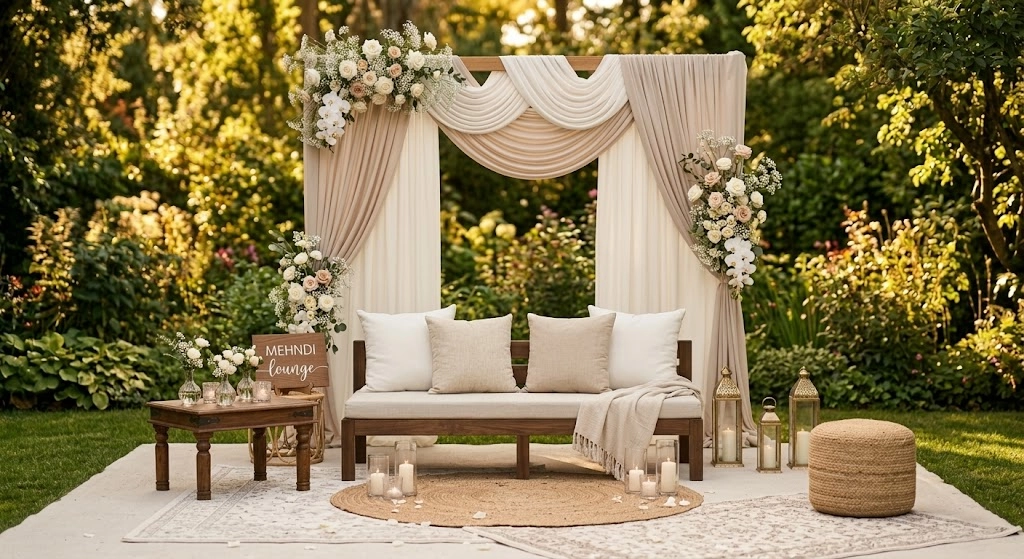 Minimal Mehndi floral corner with soft drapes subtle flowers and calm luxury styling