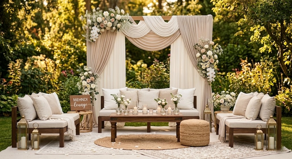 Elegant minimal Mehndi seating setup with ivory cushions beige draping and soft flowers