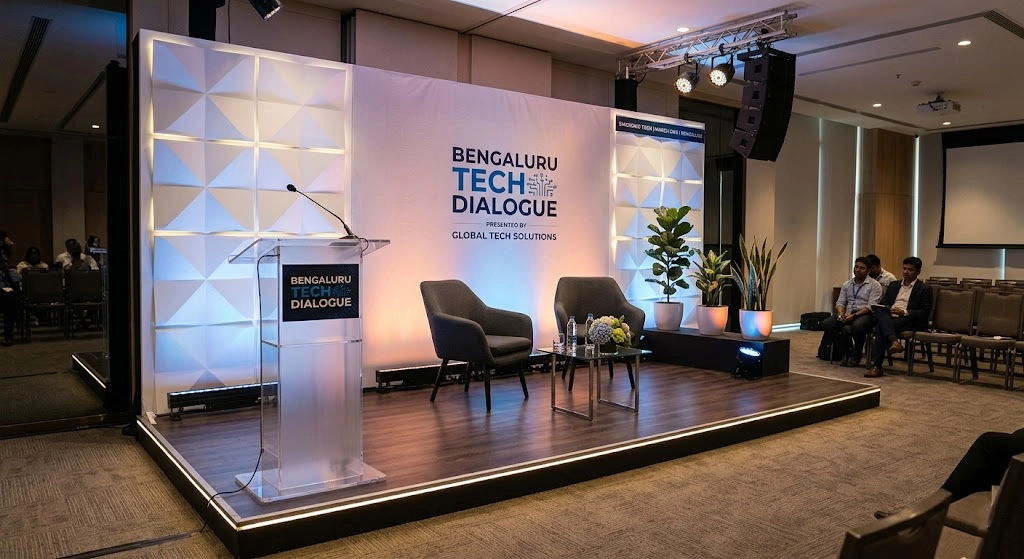 Minimal stage clean backdrop with soft lighting and refined celebration decor styling