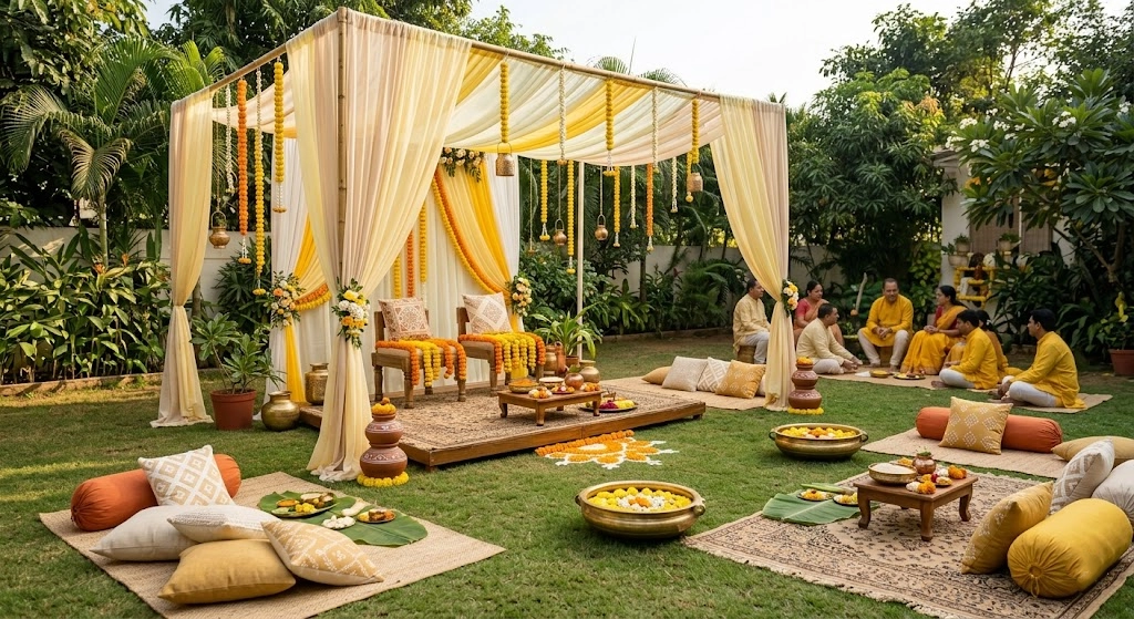 Outdoor Haldi lawn seating with floral details yellow accents and bright daytime wedding decor