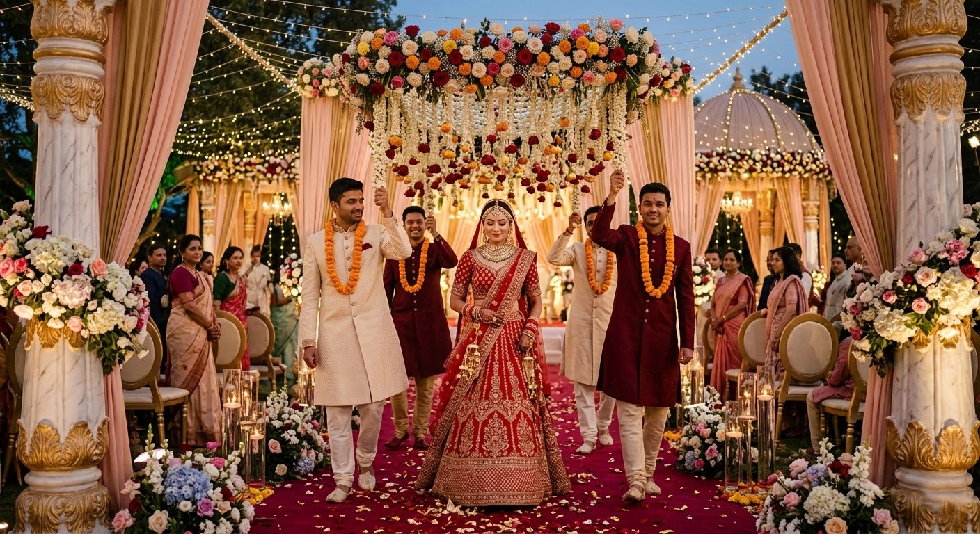 Phoolon ki chadar floral entry with bride family and elegant wedding aisle styling