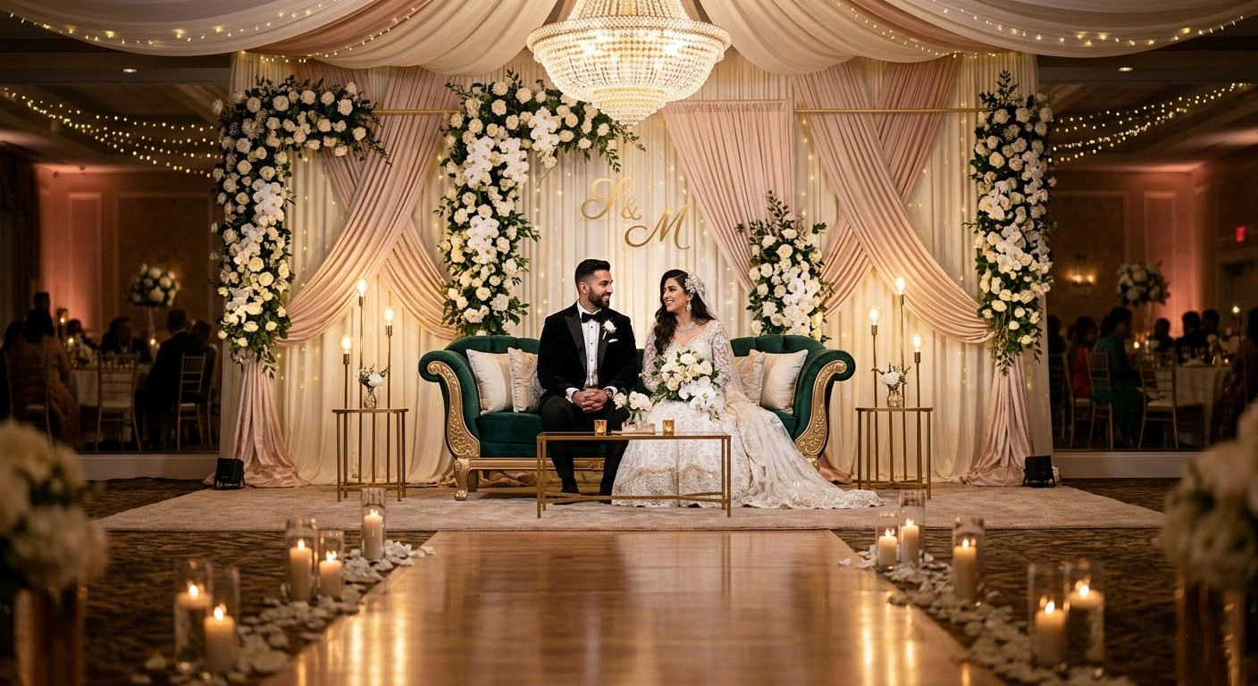 Reception stage glam lighting with floral styling elegant backdrop and wedding evening decor