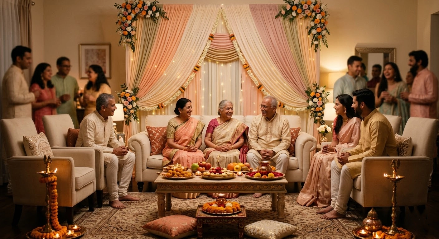 Roka family backdrop setup with floral decor and intimate pre wedding celebration styling