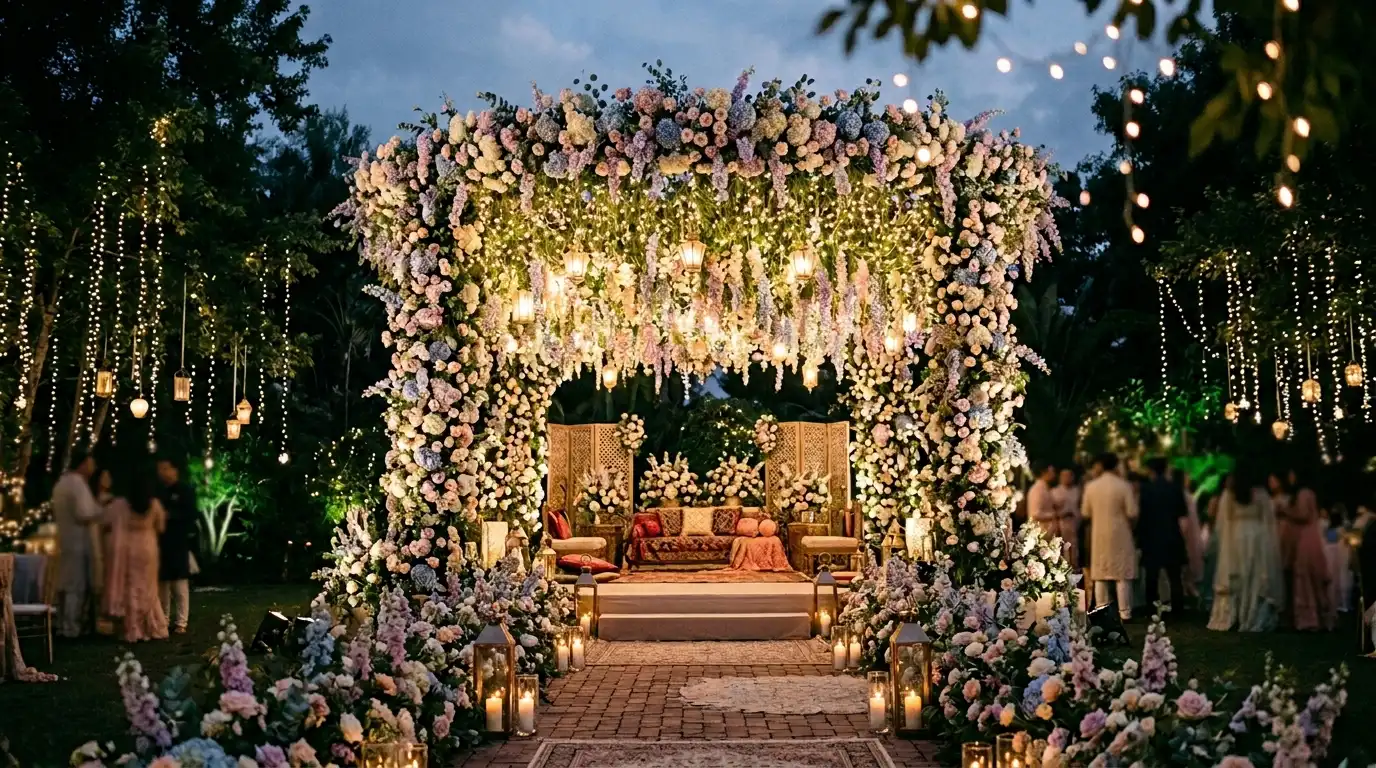 Fairyland Sangeet decor with floral canopy and fairy lights