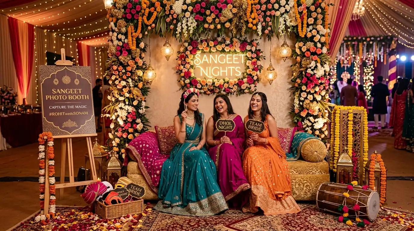 Elegant Sangeet photo booth and styled guest photo corner