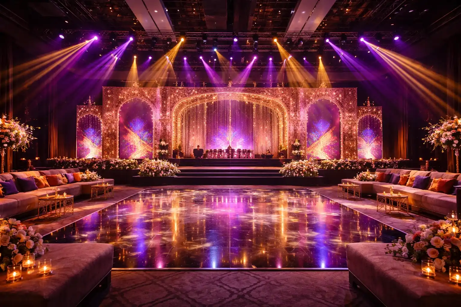 Sangeet stage lighting with dance floor glamorous decor and performance-focused wedding styling