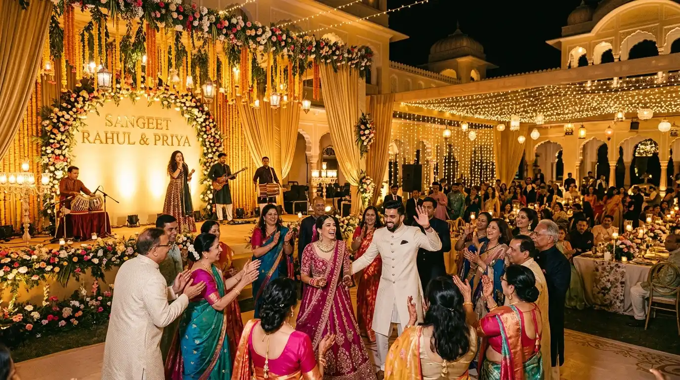Families celebrating during an elegant Sangeet evening