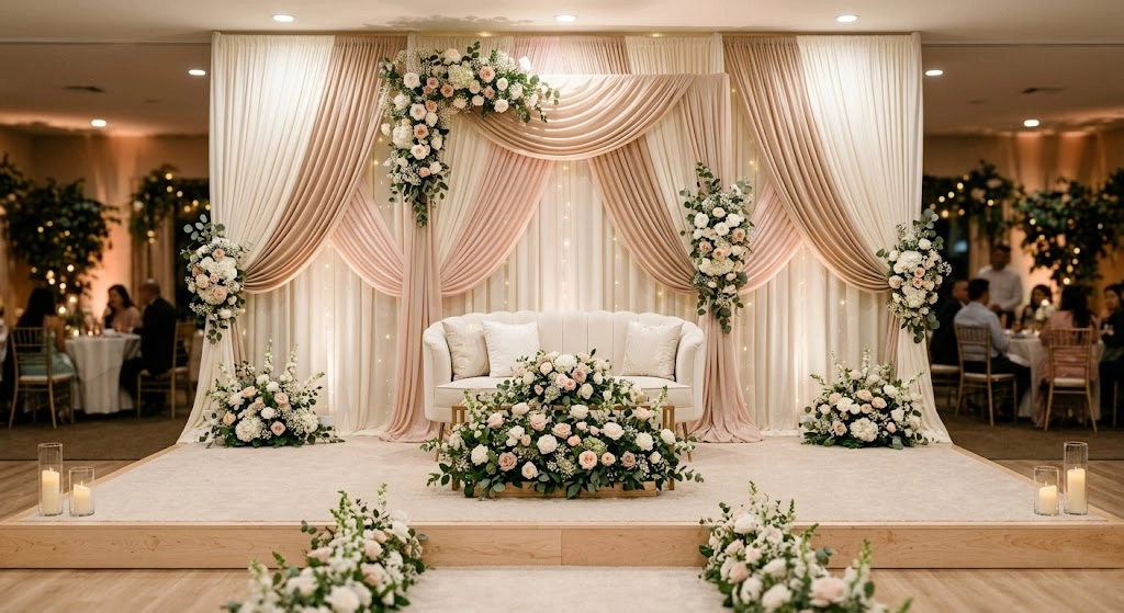 Simple engagement stage with soft florals clean backdrop and elegant intimate celebration decor