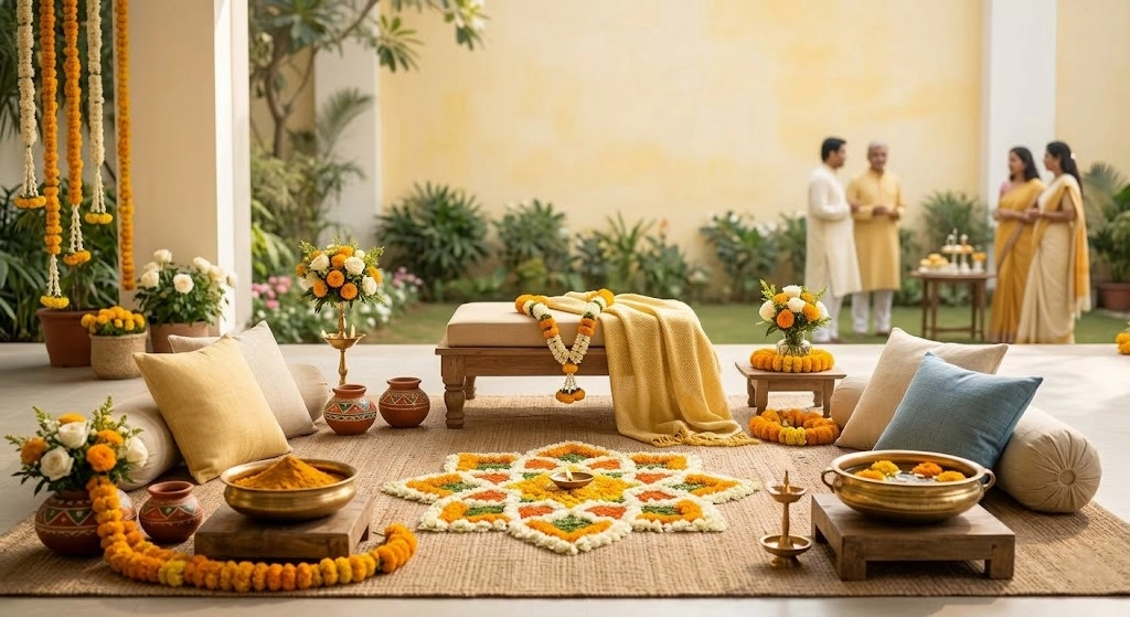 Simple Haldi seating setup with subtle yellow styling marigolds and intimate wedding decor