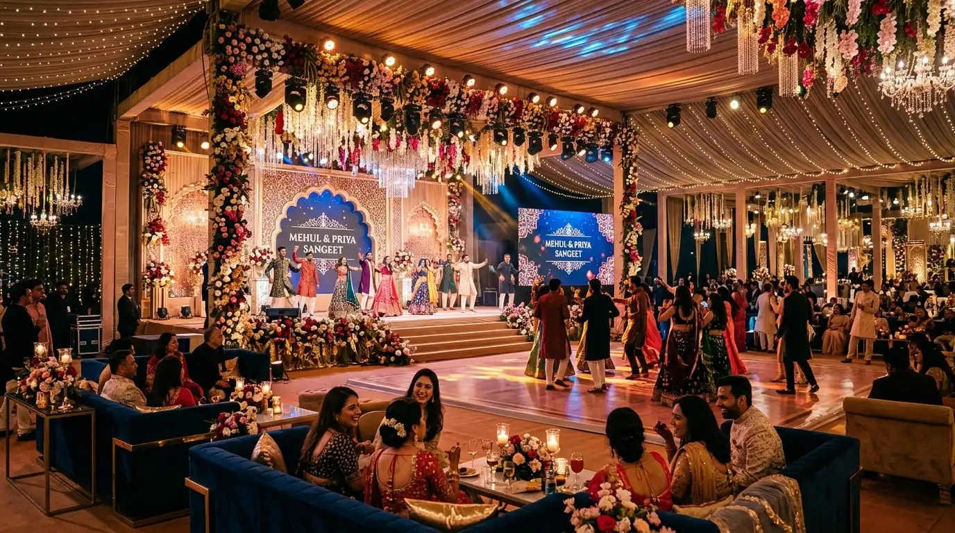 Luxury Sangeet venue layout with stage and lounge setup