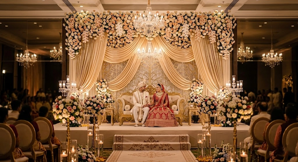 Wedding stage floral setup with elegant couple seating and romantic ceremony decor styling