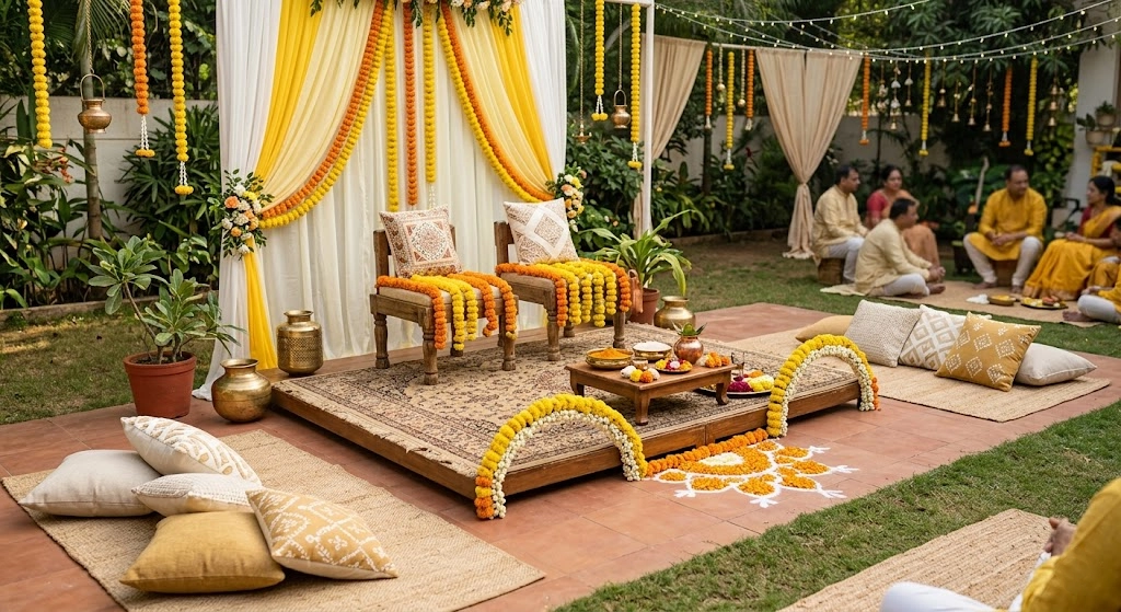 Yellow Haldi marigold backdrop with floral strings bright seating and festive decor styling