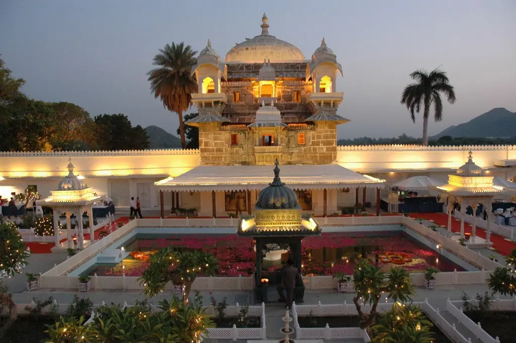 Heritage courtyard and garden at Jagmandir Island Palace Udaipur